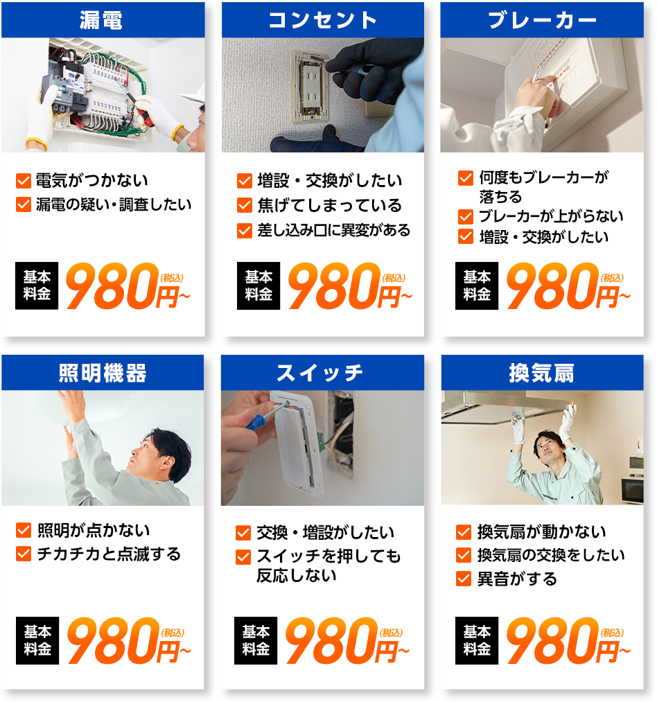 漏電・コンセント・ブレーカー・照明機器・スイッチ・換気扇