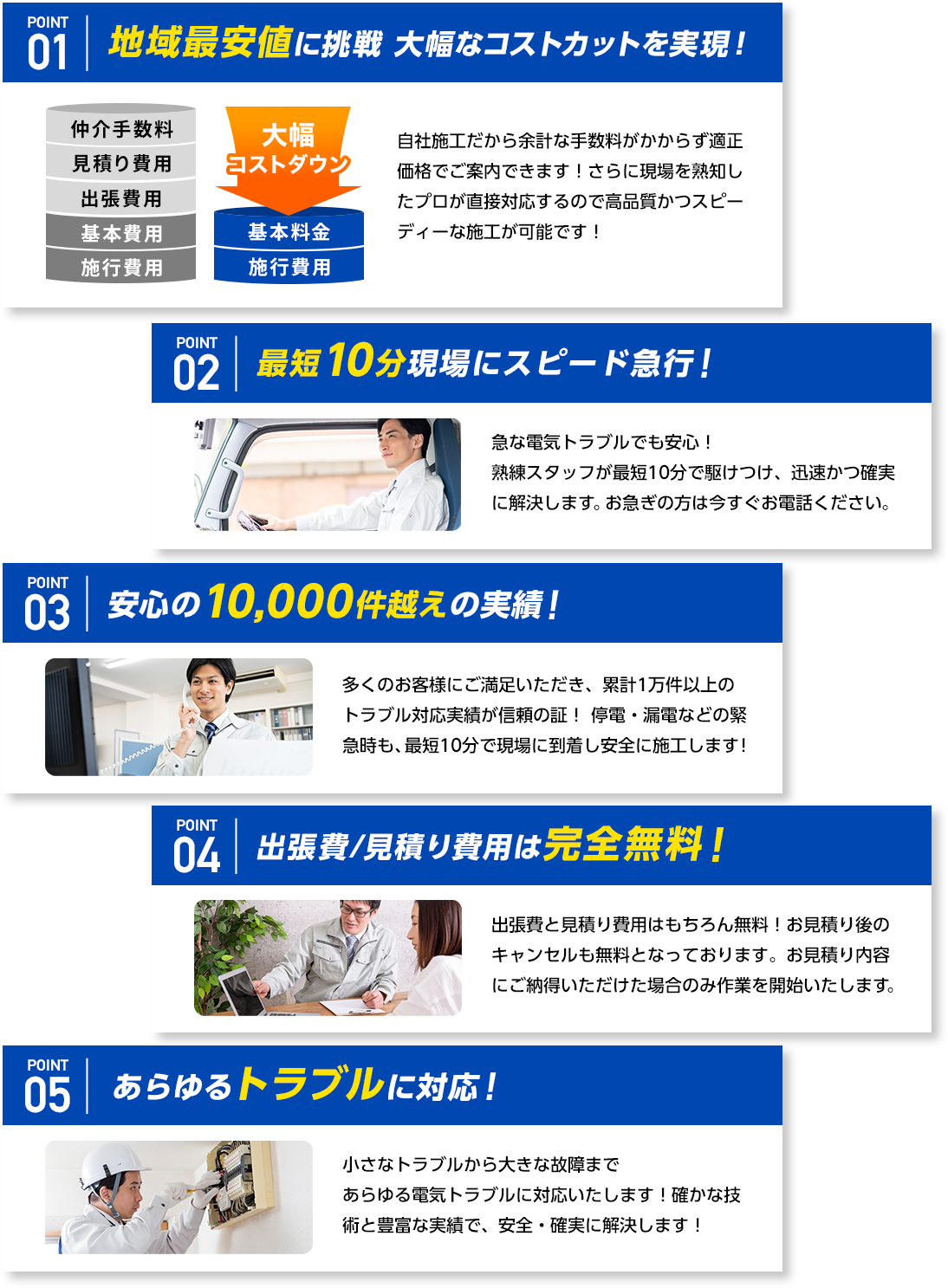 1、地域最安値に挑戦！大幅なコストカットを実現！2、最短10分！現場にスピード急行！3、安心の一万件越えの実績！4、出張費・見積もり費は完全無料！5、あらゆるトラブルに対応！